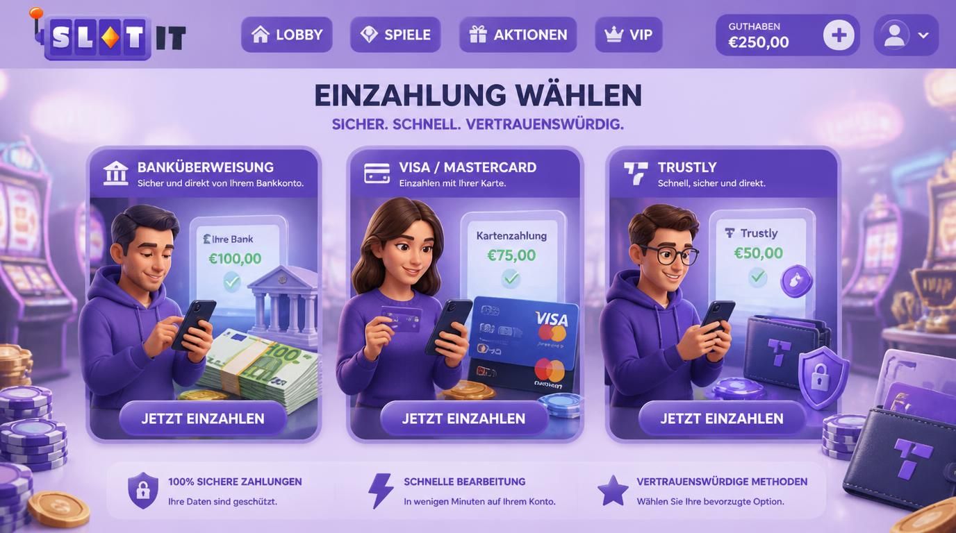 Hohe Limits bei Slotit Casino – Banküberweisung, Visa, Trustly prominent dargestellt.