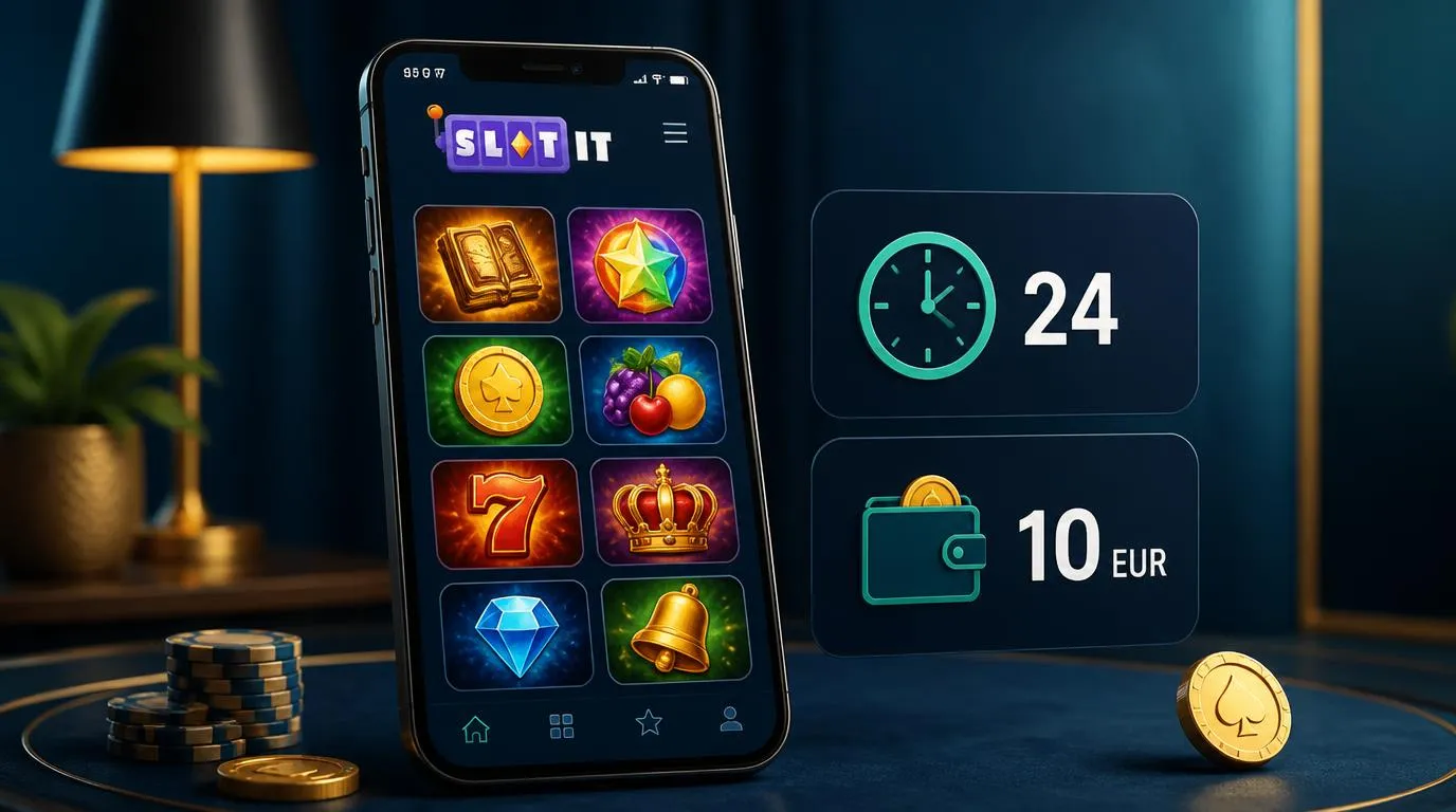 Smartphone mit Casino-Spielauswahl neben einer Auszahlungskarte und einem 10-EUR-Einzahlungshinweis