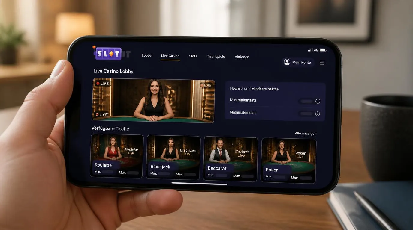 Smartphone mit Live-Casino-Lobby, Videotisch und sichtbaren Einsatzgrenzen