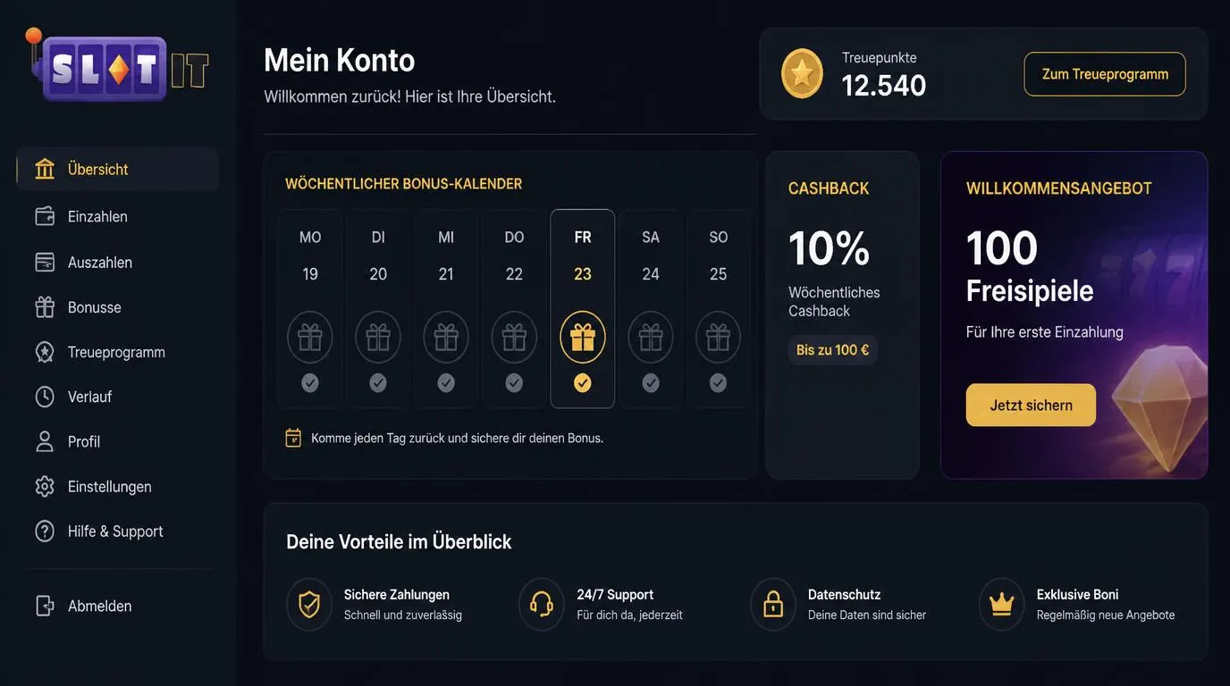 Casino-Dashboard mit Wochenkalender, Punktestand und Cashback-Anzeige