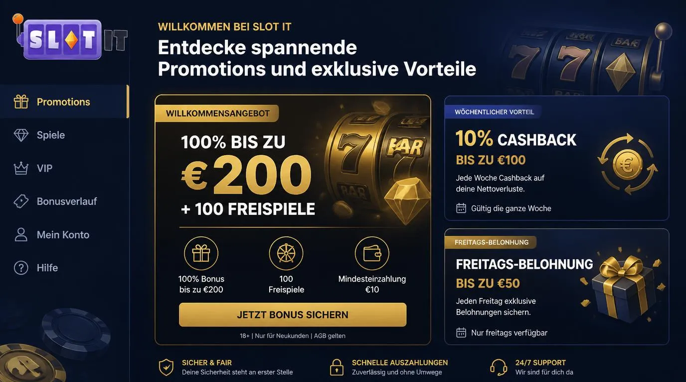 Casino-Bonusübersicht mit Willkommensangebot, 10 € Mindesteinzahlung und wöchentlichen Vorteilen