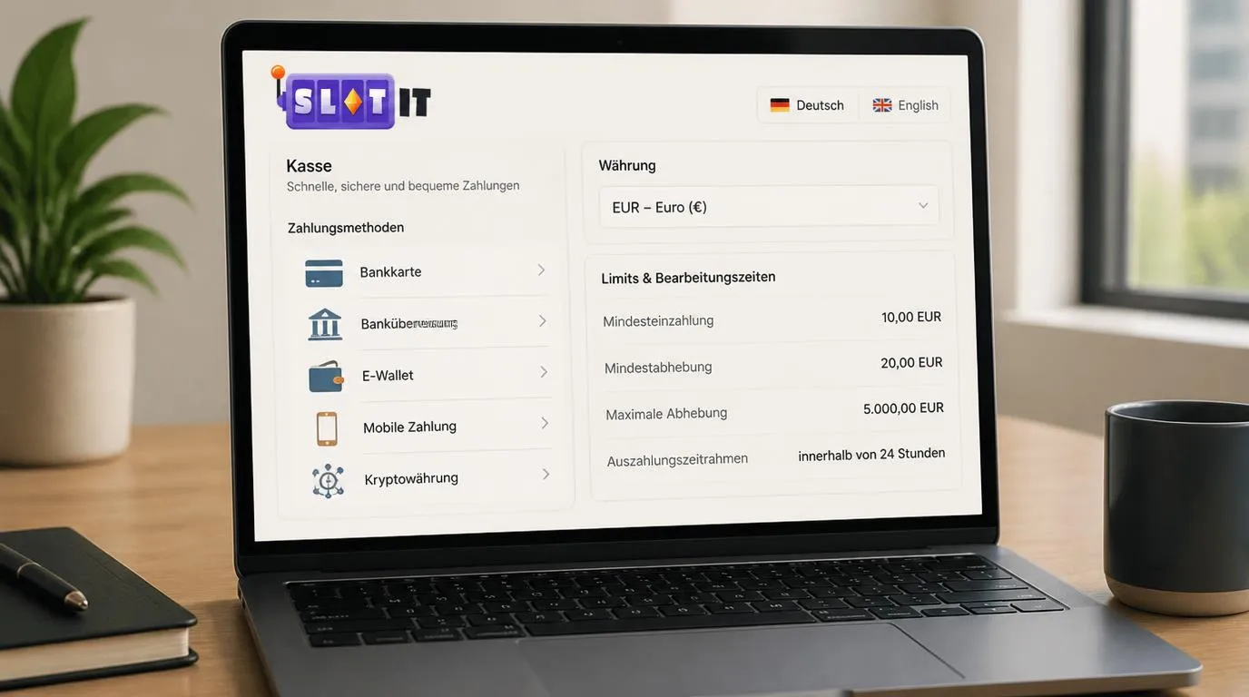Casino-Kasse mit Zahlungsarten, Euro-Beträgen und deutscher Sprachauswahl auf einem Laptop