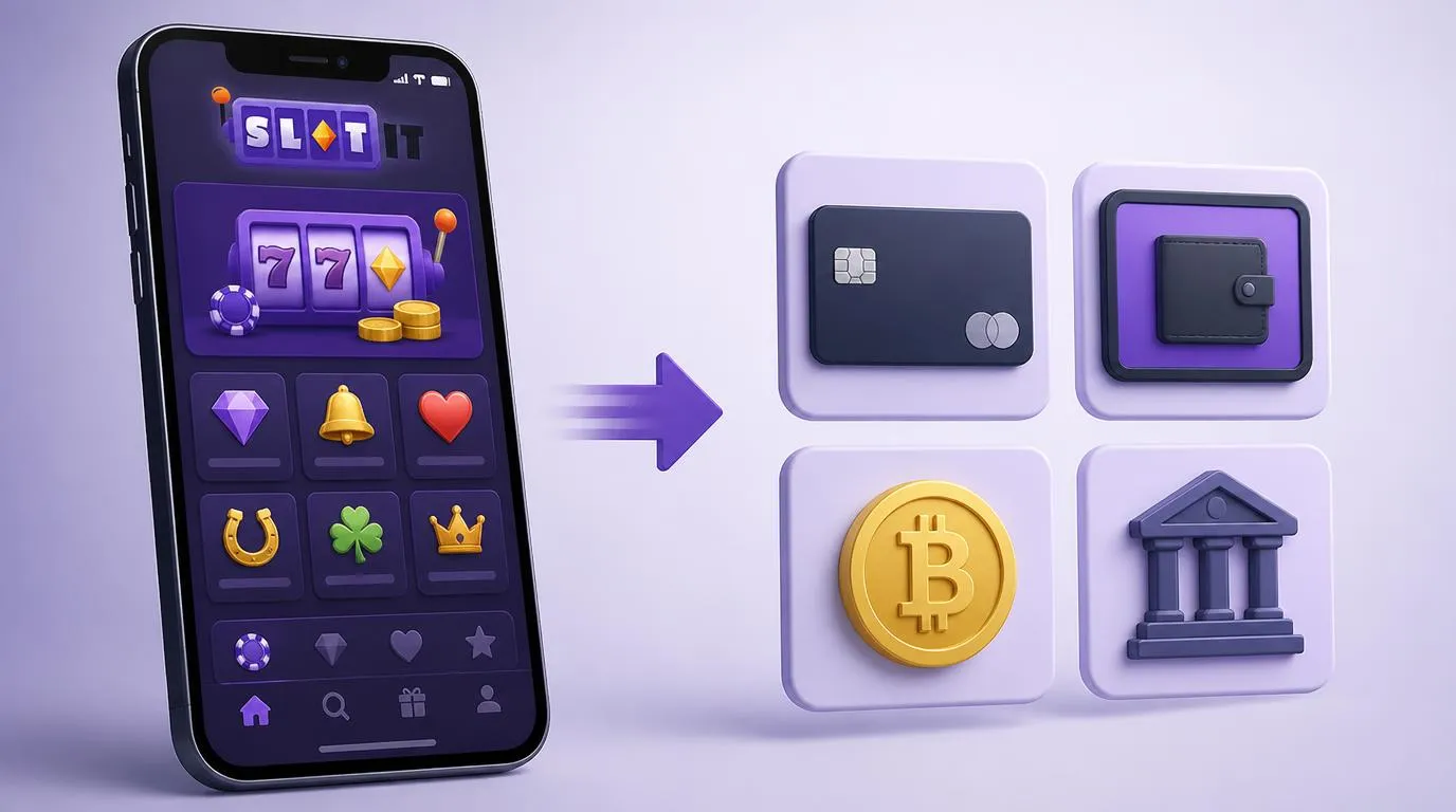 Smartphone mit Casino-Oberfläche neben Symbolen für Karte, E-Wallet, Kryptowährung und Banküberweisung